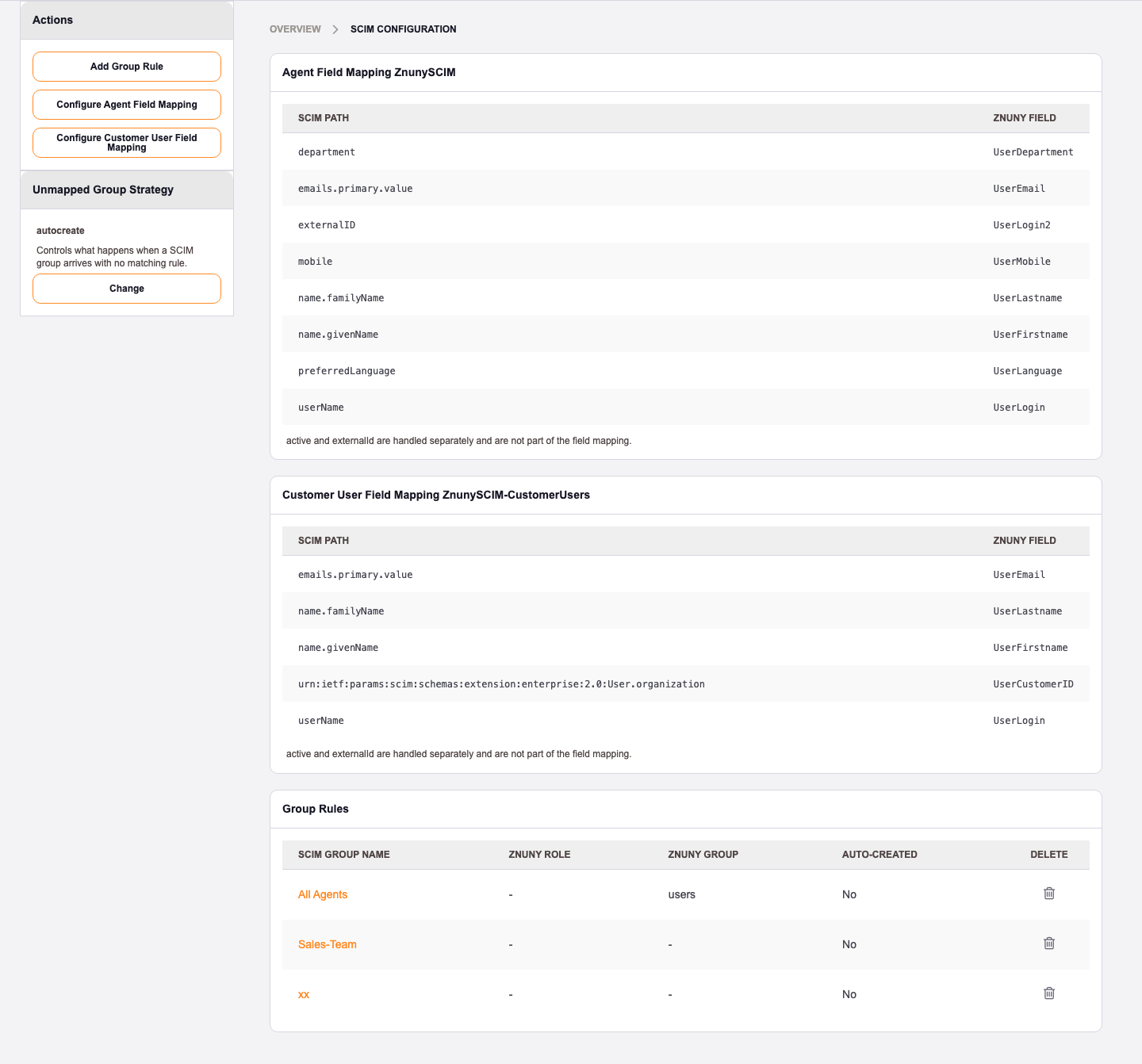 SCIM Configuration overview showing agent and customer user field mapping alongside group rules