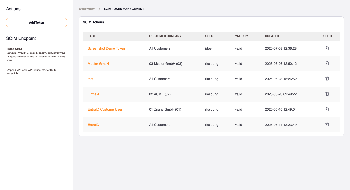 SCIM Tokens overview listing labels, customer company scope, owning user, validity, and creation date