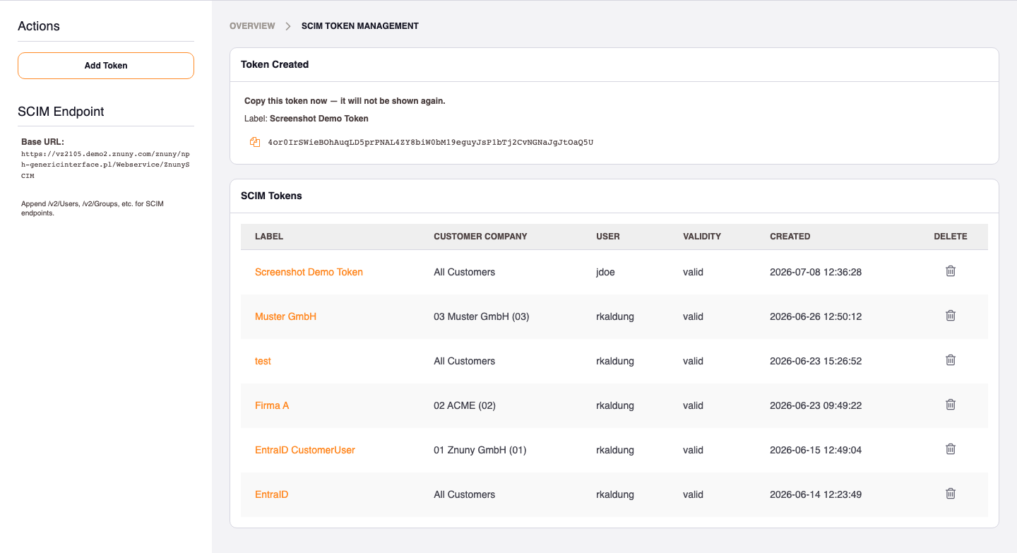 Token Created reveal screen showing the one-time token value