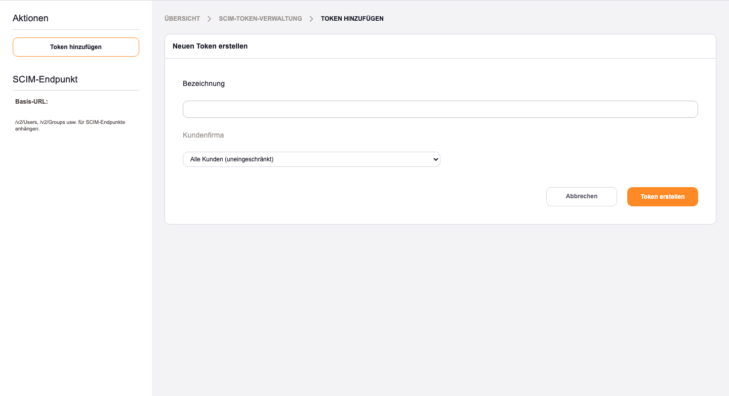 Formular „Token hinzufügen" mit dem Dropdown zur Kundenfirma-Einschränkung