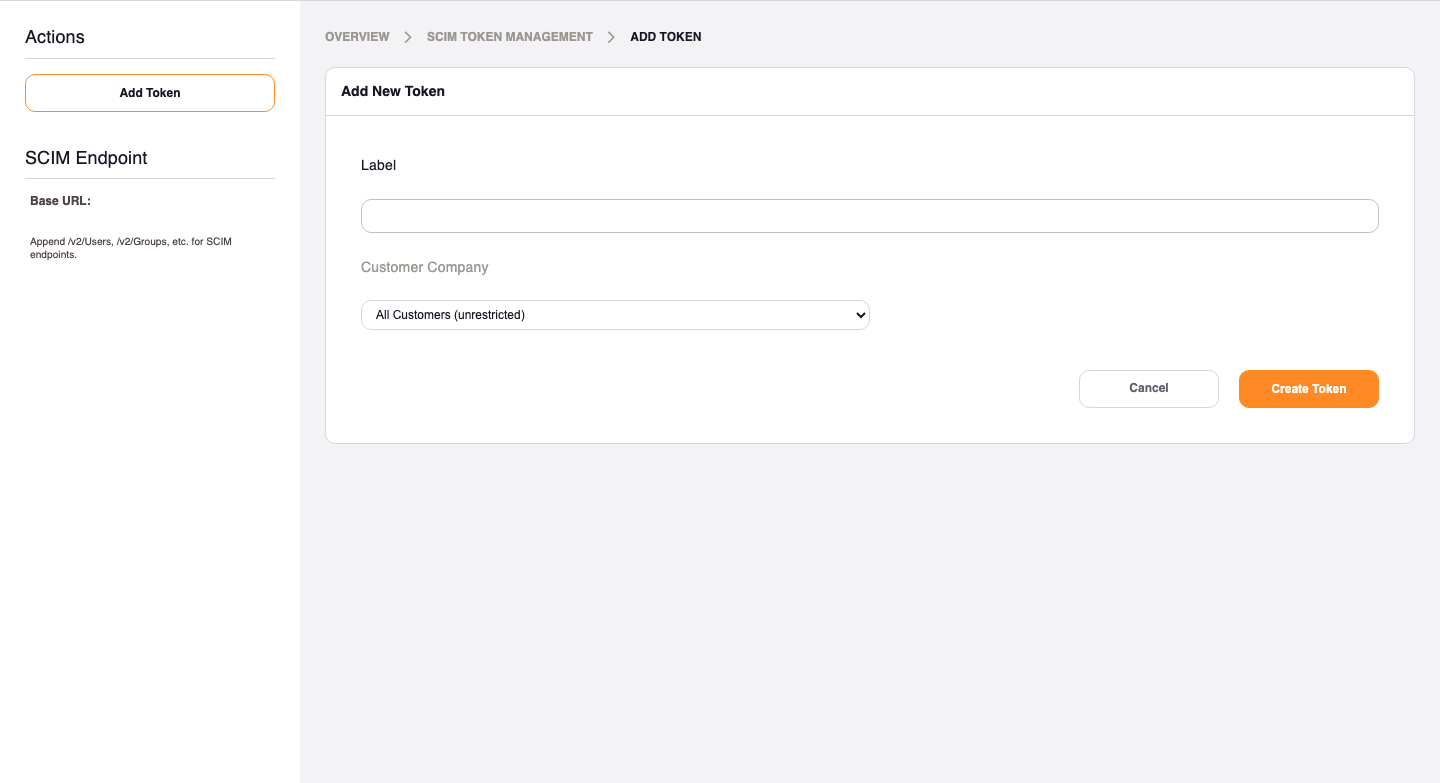 Add New Token form with the Customer Company scoping dropdown